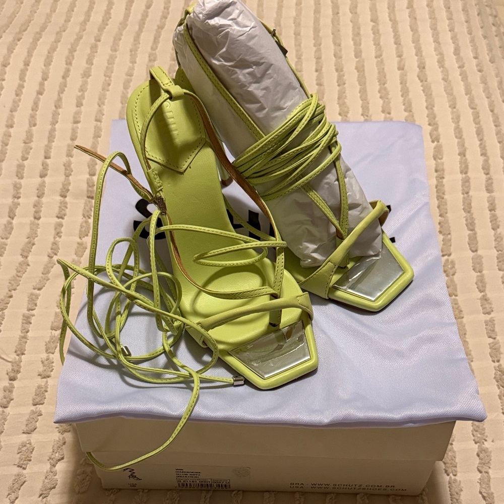 SCHUTZ Lime Green Lace-Up Square-Toe Heels